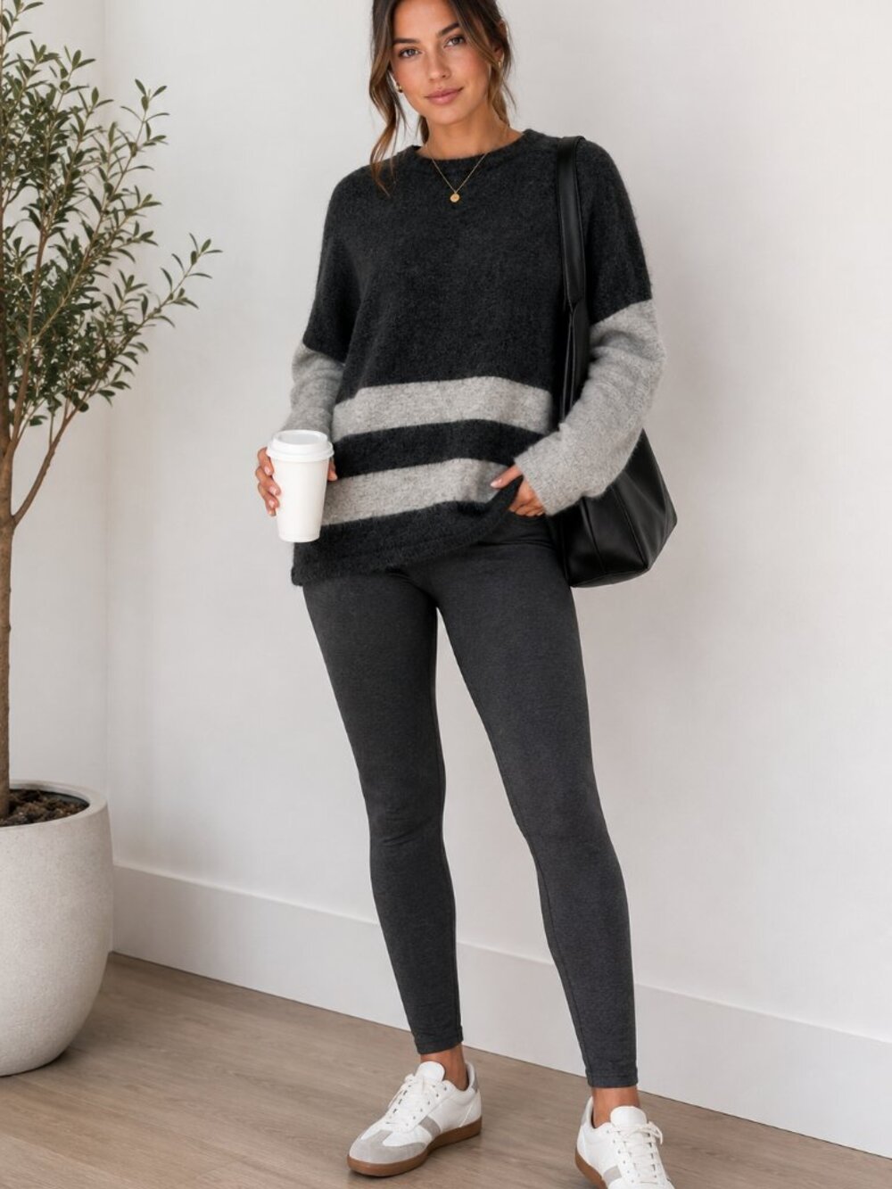 BeachLunchLounge Oversized Colorblock Crewneck Sweater Fuzzy Knit Charcoal Gray